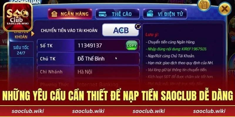 Những yêu cầu cần thiết để nạp tiền SAOCLUB dễ dàng